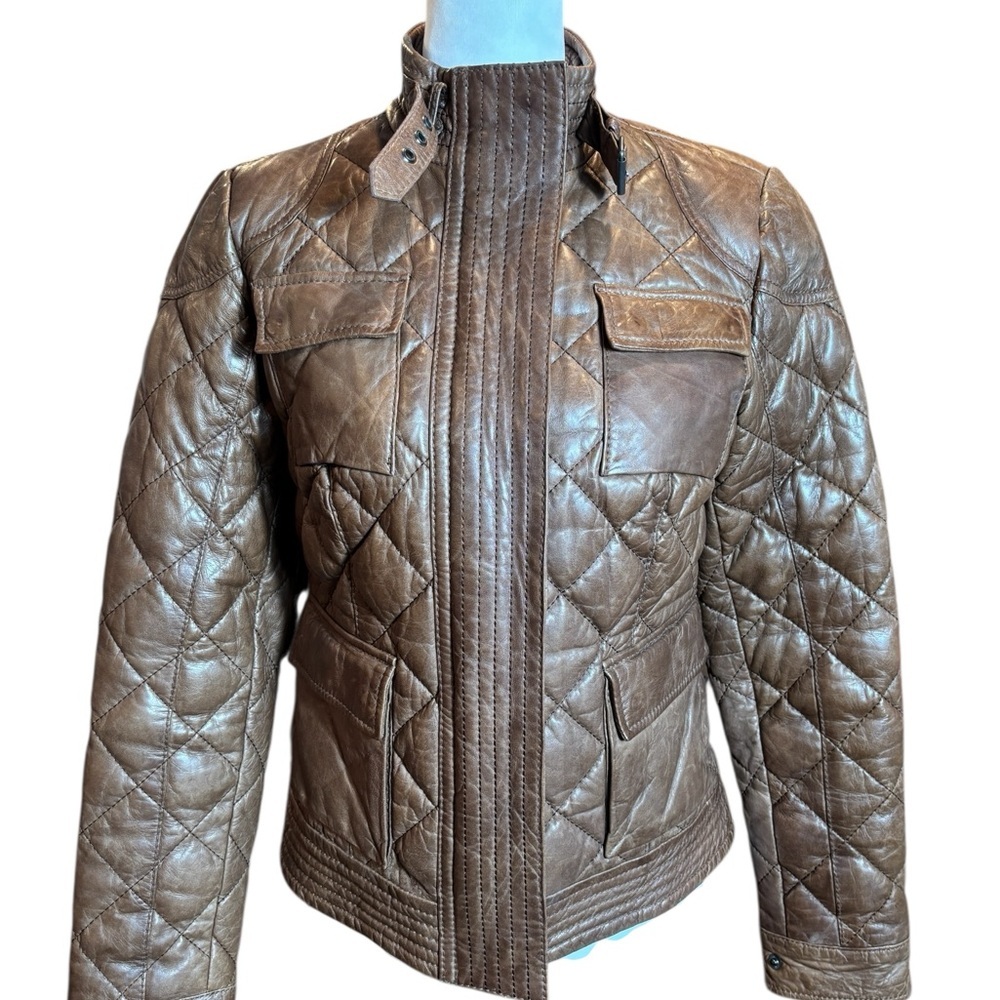 Eddie Bauer Brown Quilted Leather Moto Jacket Zip Front Women’s